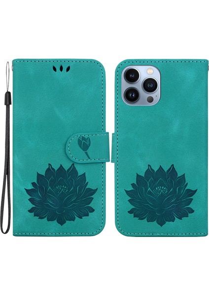 iPhone 14 Pro Kılıf Flip Darbeye Dayanıklı Deri Telefon Kılıfı Lotus Desenli-Yeşil (Yurt Dışından)