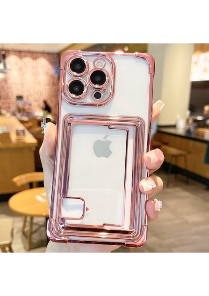 iPhone 13 Pro Max Için Kılıf Galvanik Tpu Şok Emici Telefon Kapağı, Kart Tutuculu-Pembe (Yurt Dışından)