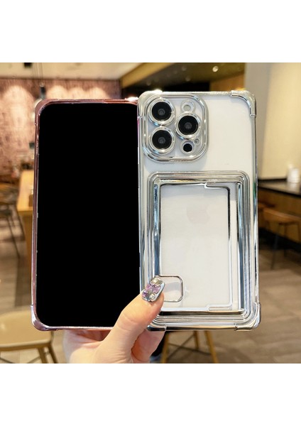 iPhone 13 Pro Max Için Kılıf Galvanik Tpu Şok Emici Telefon Kapağı, Kart Tutuculu-Pembe (Yurt Dışından)