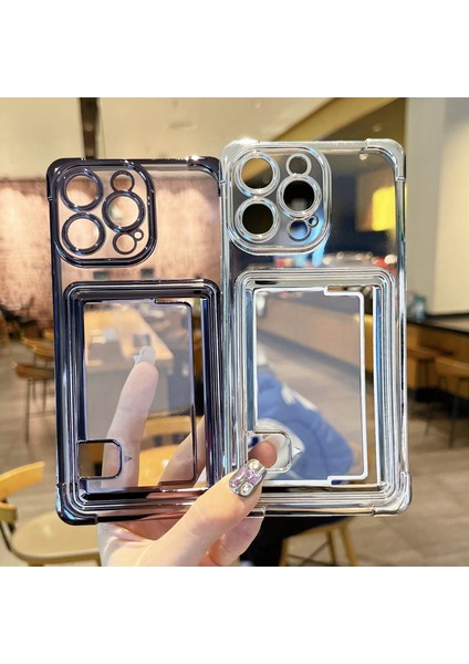 iPhone 13 Pro Max Için Kılıf Galvanik Tpu Şok Emici Telefon Kapağı, Kart Tutuculu-Pembe (Yurt Dışından)