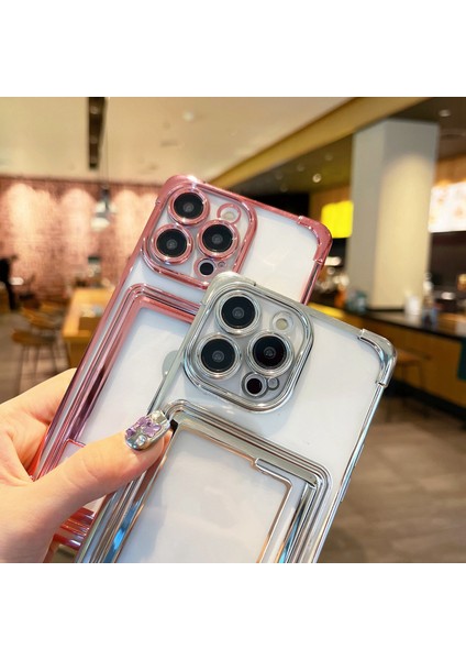 iPhone 13 Pro Max Için Kılıf Galvanik Tpu Şok Emici Telefon Kapağı, Kart Tutuculu-Pembe (Yurt Dışından)