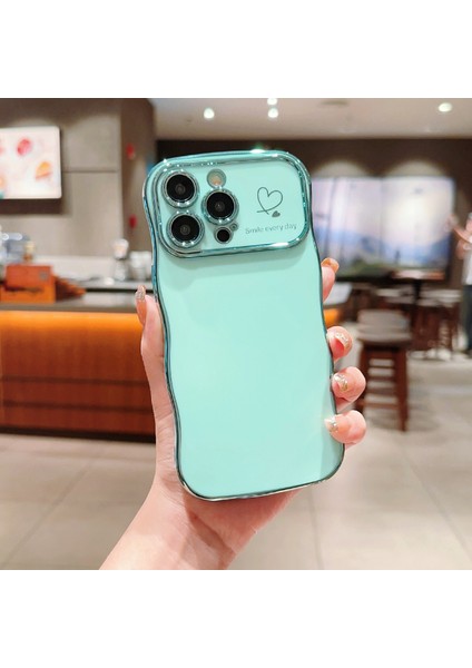 iPhone 14 Pro Max Için Kılıf Dalga Çerçevesi Aşk Kalpli Yükseltilmiş Kamera Koruma Tpu Kapak-Yeşil (Yurt Dışından)