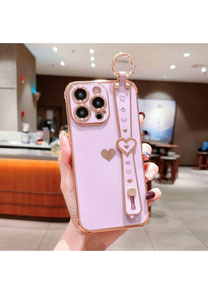 iPhone 14 Pro Max Kılıf Yan Kenar Küçük Aşk Desenli Tpu Telefon Kılıfı Bileklik-Mor (Yurt Dışından)