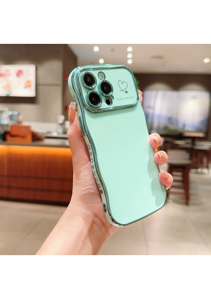 iPhone 14 Pro Max Için Kılıf Dalga Çerçevesi Aşk Kalpli Yükseltilmiş Kamera Koruma Tpu Kapak-Yeşil (Yurt Dışından)