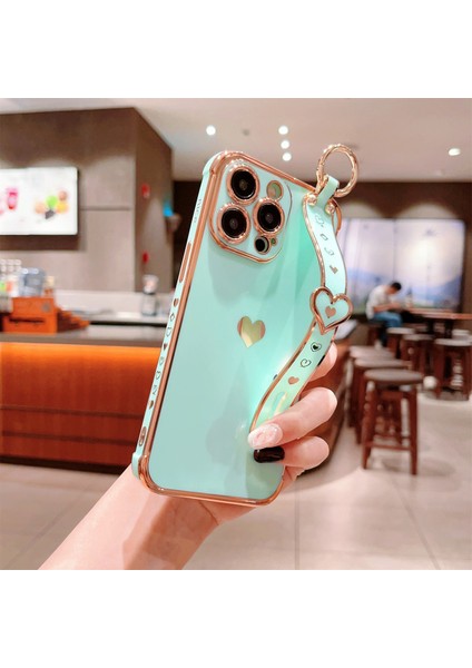 iPhone 14 Pro Max Kılıf Yan Kenar Küçük Aşk Desenli Tpu Telefon Kılıfı Bileklik-Nane Yeşili (Yurt Dışından)
