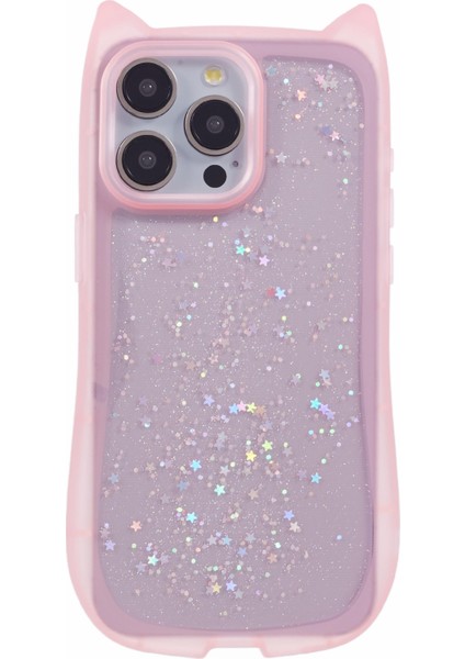 Jtw Serisi iPhone 15 Pro Için Tpu Kılıf Epoksi Glitter Pullarda Tpu Telefon Kapağı Kedi Kulak Tasarımı-Şeffaf Pembe (Yurt Dışından)