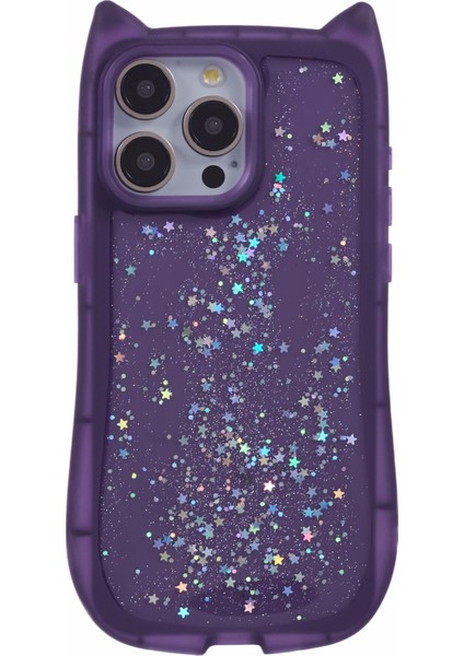 Jtw Serisi iPhone 15 Pro Için Tpu Kılıf Epoksi Glitter Pullarda Tpu Telefon Kapağı Kedi Kulak Tasarımı-Şeffaf Mor (Yurt Dışından)