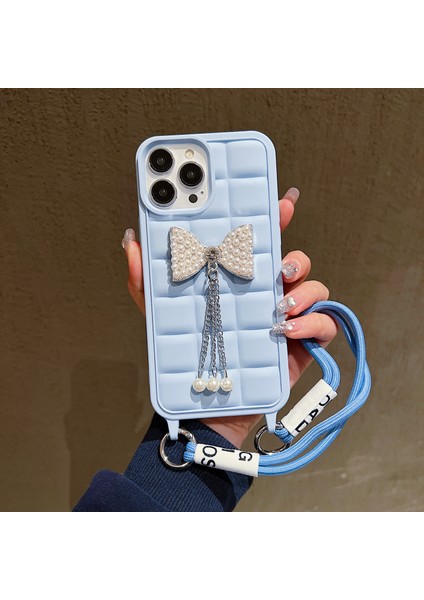 iPhone 14 Pro Max Kılıfı Tpu Kaymaz Izgaralı Telefon Kılıfı, Bilek Kayışı-Mavi (Yurt Dışından)