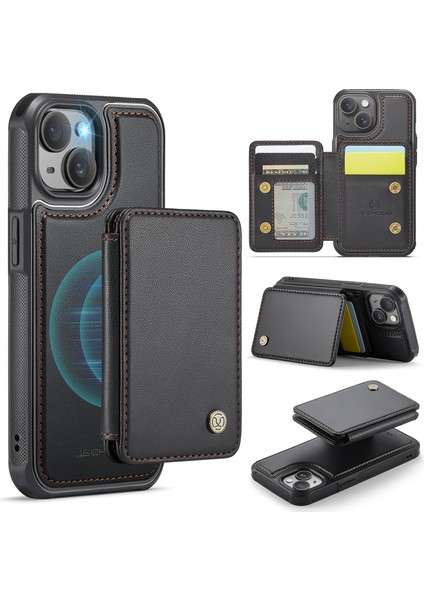 Jeehood iPhone 14 Kılıf Kart Tutucu Kickstand Deri+Tpu Telefon Kapağı-Siyah (Yurt Dışından)