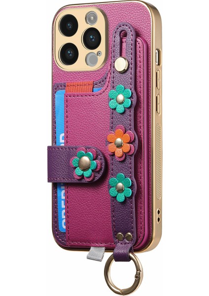 iPhone 14 Pro Max Kılıf Kickstand Deri Arka Koruyucu Kapak 3D Çiçek-Mor (Yurt Dışından)