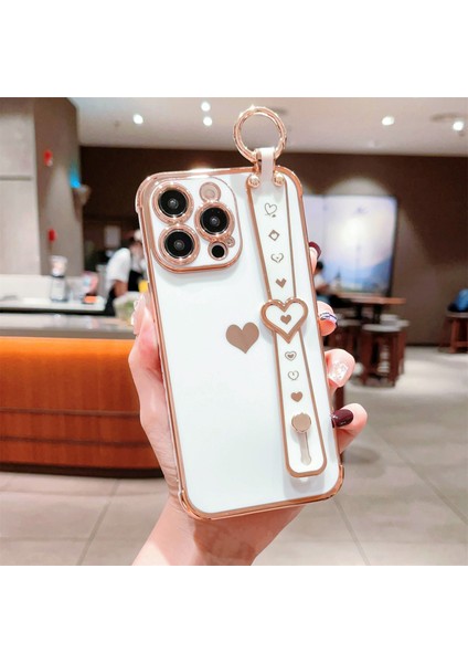 iPhone 14 Pro Max Kılıf Yan Kenar Küçük Aşk Desenli Tpu Telefon Kılıfı Bileklik-Fildişi Beyaz (Yurt Dışından)