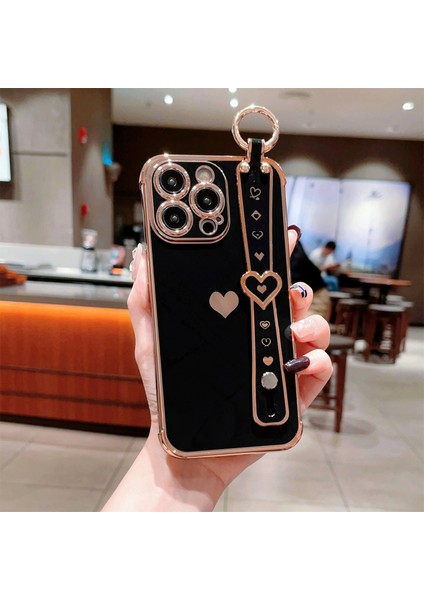 iPhone 14 Pro Max Kılıf Yan Kenar Küçük Aşk Desenli Tpu Telefon Kılıfı Bileklik-Siyah (Yurt Dışından)