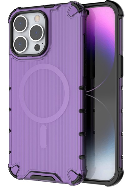 iPhone 13 Pro Max Için Manyetik Kılıf Şerit Desenli Pc+Tpu Hibrit Telefon Kapağı-Mor (Yurt Dışından)