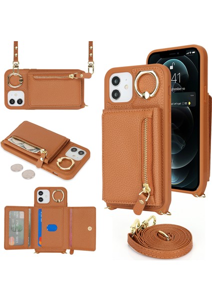 iPhone 12/12 Pro Için Kılıf Kart Çantası Halka Tutucu Litchi Doku Deri + Uzun Askılı Tpu Telefon Kapağı-Kahverengi (Yurt Dışından)