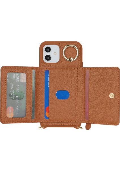 iPhone 12/12 Pro Için Kılıf Kart Çantası Halka Tutucu Litchi Doku Deri + Uzun Askılı Tpu Telefon Kapağı-Kahverengi (Yurt Dışından) fiyatları