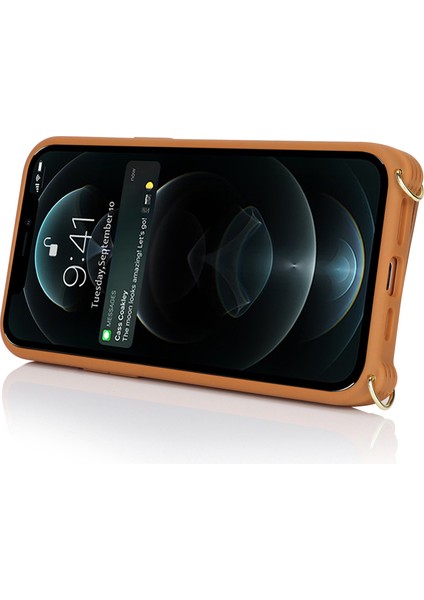 iPhone 12/12 Pro Için Kılıf Kart Çantası Halka Tutucu Litchi Doku Deri + Uzun Askılı Tpu Telefon Kapağı-Kahverengi (Yurt Dışından) modelleri