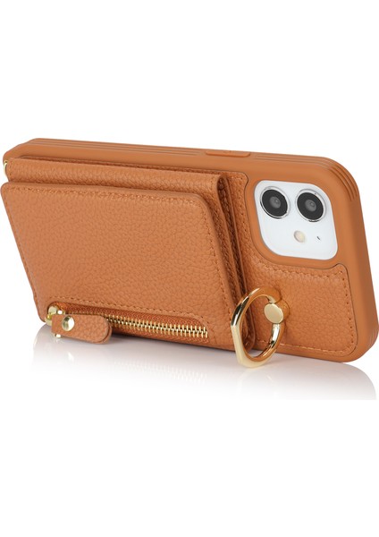 iPhone 12/12 Pro Için Kılıf Kart Çantası Halka Tutucu Litchi Doku Deri + Uzun Askılı Tpu Telefon Kapağı-Kahverengi (Yurt Dışından) fırsatları