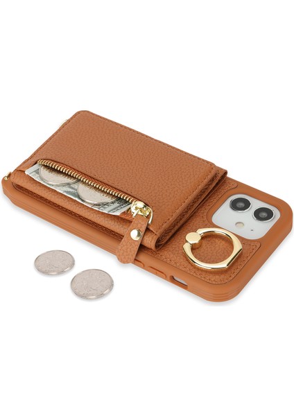 iPhone 12/12 Pro Için Kılıf Kart Çantası Halka Tutucu Litchi Doku Deri + Uzun Askılı Tpu Telefon Kapağı-Kahverengi (Yurt Dışından) indirimleri