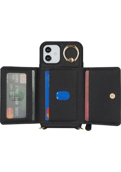 iPhone 12/12 Pro Için Kılıf Kart Çantası Halka Tutucu Litchi Doku Deri + Uzun Askılı Tpu Telefon Kapağı-Siyah (Yurt Dışından) fiyatları