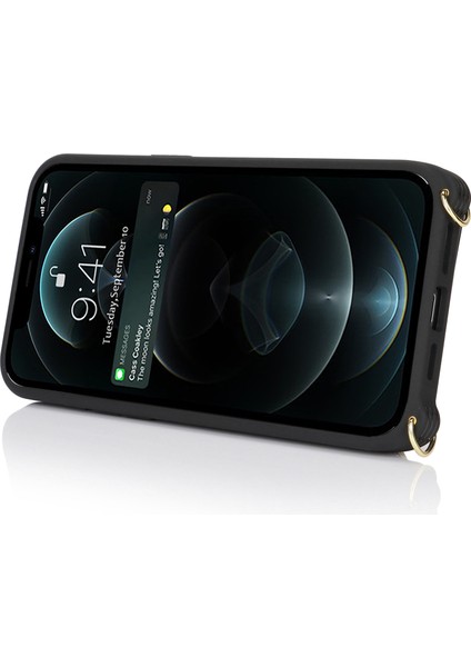 iPhone 12/12 Pro Için Kılıf Kart Çantası Halka Tutucu Litchi Doku Deri + Uzun Askılı Tpu Telefon Kapağı-Siyah (Yurt Dışından) modelleri