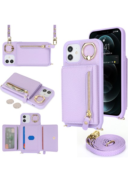 iPhone 12/12 Pro Için Kılıf Kart Çantası Halka Tutucu Litchi Doku Deri + Uzun Askılı Tpu Telefon Kapağı-Mor (Yurt Dışından)
