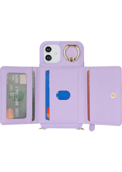 iPhone 12/12 Pro Için Kılıf Kart Çantası Halka Tutucu Litchi Doku Deri + Uzun Askılı Tpu Telefon Kapağı-Mor (Yurt Dışından) fiyatları