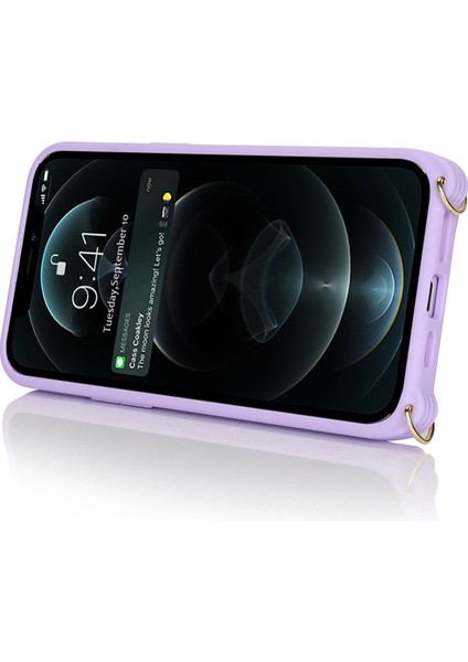 iPhone 12/12 Pro Için Kılıf Kart Çantası Halka Tutucu Litchi Doku Deri + Uzun Askılı Tpu Telefon Kapağı-Mor (Yurt Dışından) modelleri