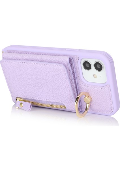 iPhone 12/12 Pro Için Kılıf Kart Çantası Halka Tutucu Litchi Doku Deri + Uzun Askılı Tpu Telefon Kapağı-Mor (Yurt Dışından) fırsatları