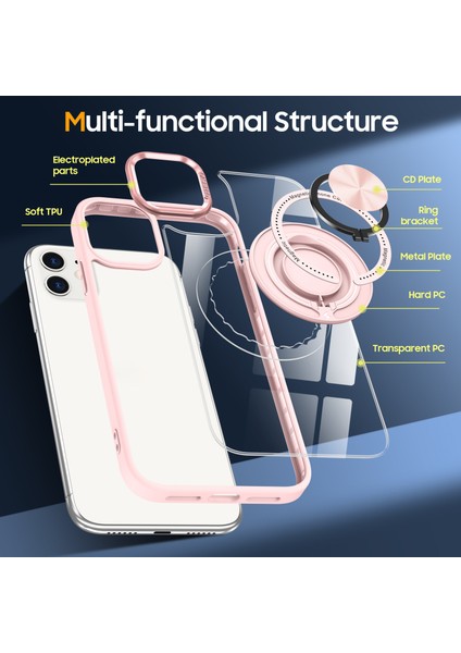 iPhone 12/12 Pro Manyetik Telefon Kılıfı Kickstand Tpu Çerçeve Şeffaf Pc Arka Kapak-Pembe (Yurt Dışından)