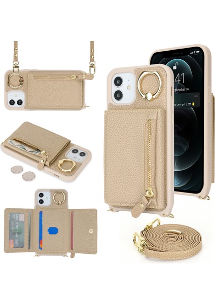 iPhone 12/12 Pro Için Kılıf Kart Çantası Halka Tutucu Litchi Doku Deri + Uzun Askılı Tpu Telefon Kılıfı-Bej (Yurt Dışından)