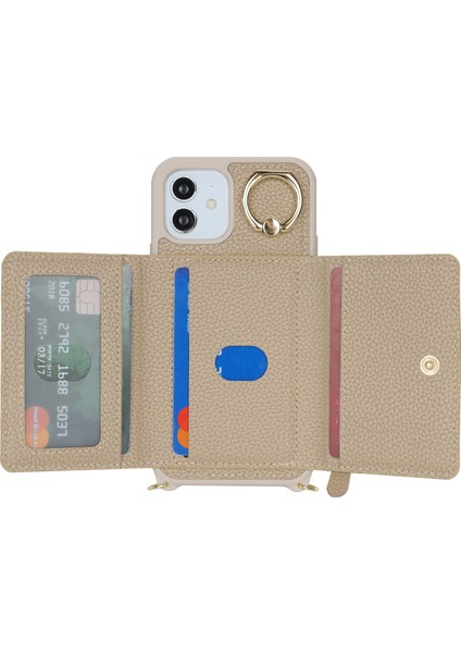 iPhone 12/12 Pro Için Kılıf Kart Çantası Halka Tutucu Litchi Doku Deri + Uzun Askılı Tpu Telefon Kılıfı-Bej (Yurt Dışından) fiyatları