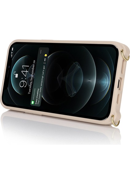 iPhone 12/12 Pro Için Kılıf Kart Çantası Halka Tutucu Litchi Doku Deri + Uzun Askılı Tpu Telefon Kılıfı-Bej (Yurt Dışından) modelleri