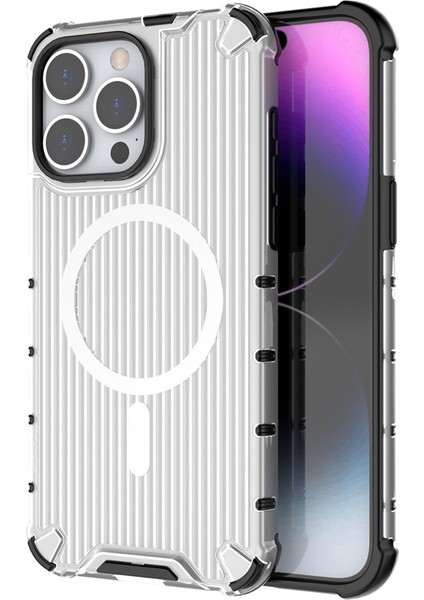 iPhone 13 Pro Max Için Manyetik Kılıf Şerit Desenli Pc+Tpu Hibrit Telefon Kılıfı-Beyaz (Yurt Dışından)