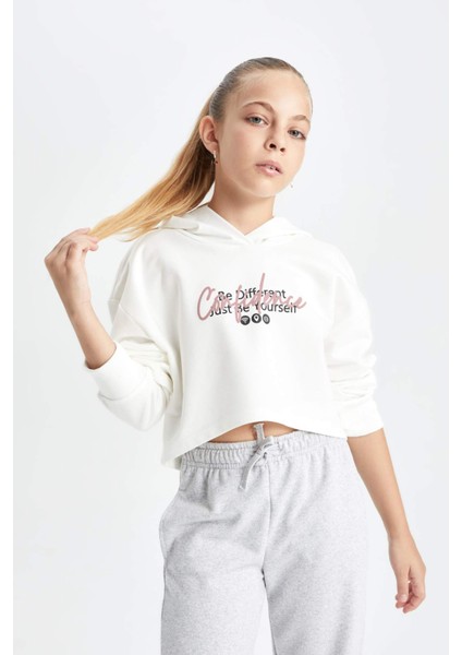 Kız Çocuk Oversize Geniş Kalıp Crop Kapüşonlu Baskılı Sweatshirt D0314A824AU