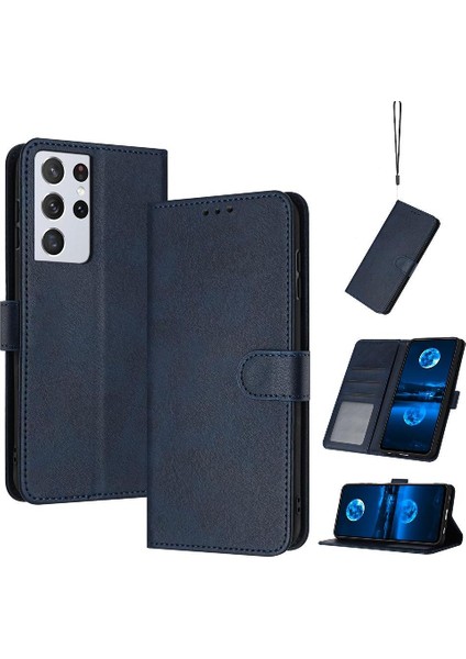 Samsung Galaxy S21 Ultra Saf Renk Pu Deri Toka ile Flip Case (Yurt Dışından)