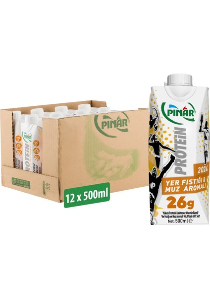 Yer Fıstıklı ve Muz Aromalı Protein Süt 500 ml x 12 Adet