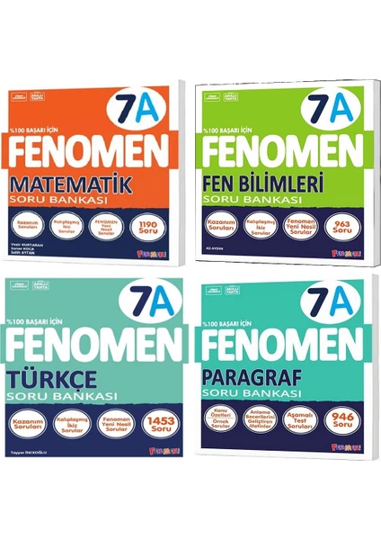 Fenomen Yayınları Okul 2025 7. Sınıf Matematik + Türkçe + Fen + Paragraf A Serisi Soru Seti 4 Kitap