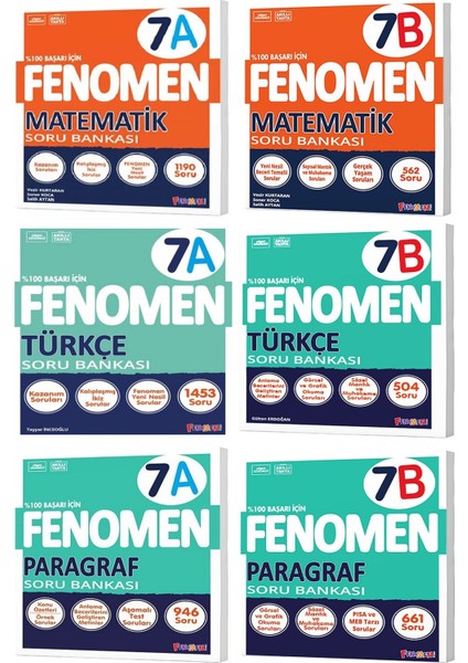 Fenomen Okul 2025 7. Sınıf Matematik + Türkçe + Paragraf A + B Serisi Soru Seti 6 Kitap
