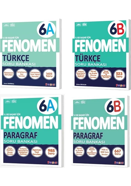 Fenomen Yayıncılık Okul 2025 6. Sınıf Türkçe + Paragraf A + B Serisi Soru Seti 4 Kitap