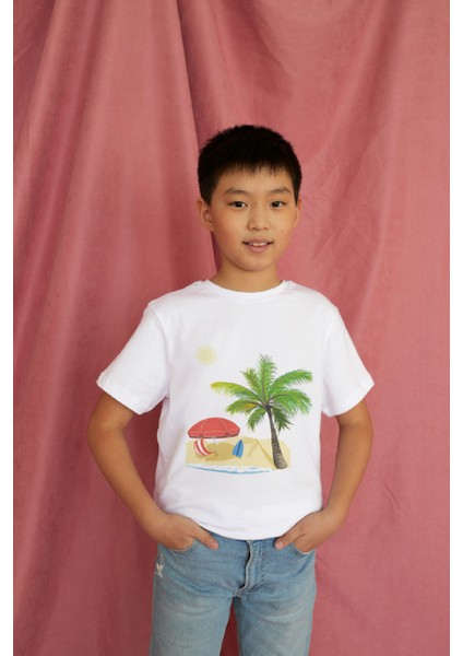 Erkek Çocuk Pamuk Premium Palmiye Baskılı Kısa Kol Tshirt modelleri