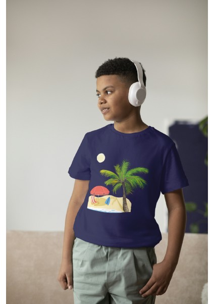 Erkek Çocuk Pamuk Premium Palmiye Baskılı Kısa Kol Tshirt