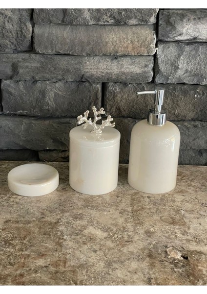 Mermer 3'lü Set Beyaz Mermer Doğal Taş Sıvı Sabunluk Makyaj Pamukluğu Katı Sabunluk Bej fiyatları