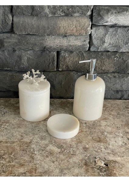 Mermer 3'lü Set Beyaz Mermer Doğal Taş Sıvı Sabunluk Makyaj Pamukluğu Katı Sabunluk Bej fırsatları