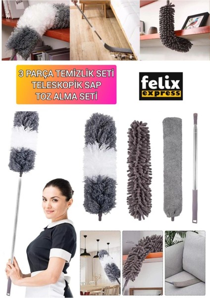 Tekno Trust Sihirli Mikrofiber Başlıklı Girintili Yüzey Dip Köşe Raf Temizleme Mopu Toz Alma Fırçası 3 Parça