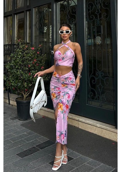 Çapraz Askılı Çiçek Desenli Lila Crop Elbise