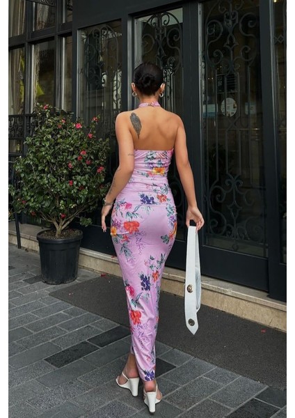 Çapraz Askılı Çiçek Desenli Lila Crop Elbise