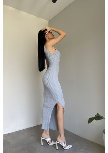 Askılı Yırtmaçlı Gri Uzun Triko Elbise