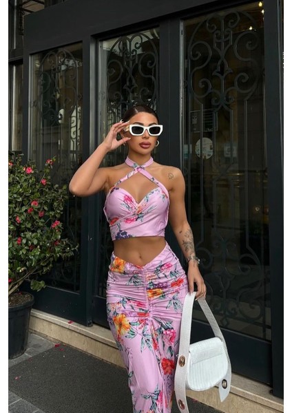 Çapraz Askılı Çiçek Desenli Lila Crop Elbise