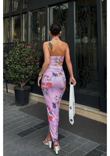 Çapraz Askılı Çiçek Desenli Lila Crop Elbise