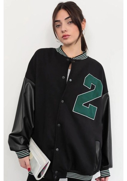 Siyah Two Oversize Deri Kol Kolej Ceket